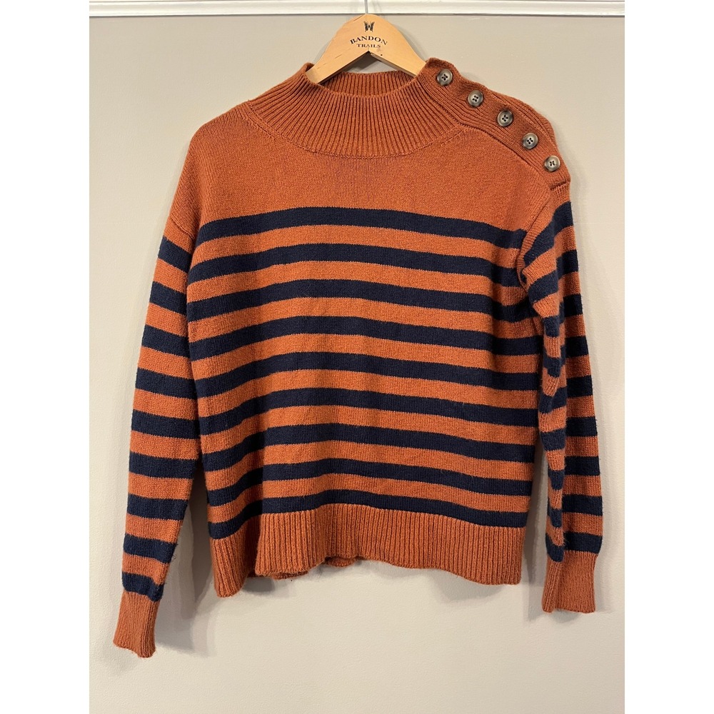 Loft Striped Mock Neck Sweater Rust Orange Navy Blue Button Shoulder Small
